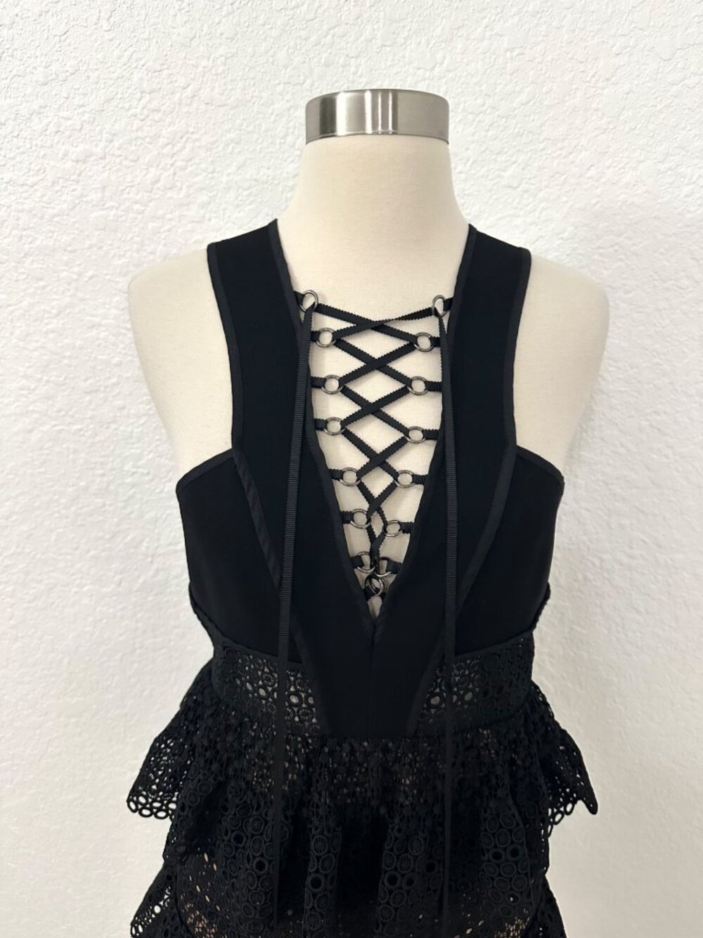 Self Portrait Lace Up Tiered Dress in Black - Picture 4 of 15